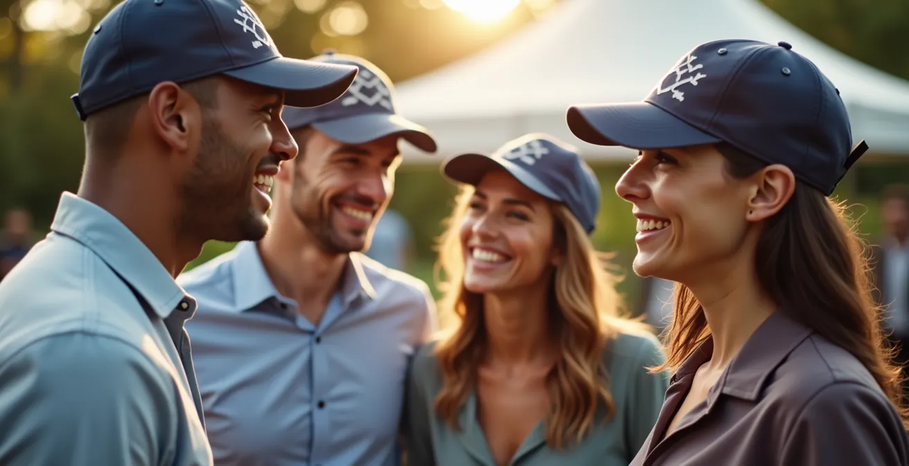 Groupe de personnes en discussion animée lors d'un événement d'entreprise en extérieur
